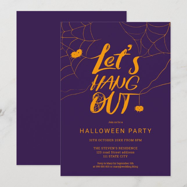 Orange purple Halloween spider hang out script Invitation (Front/Back)
