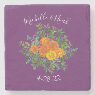 Orange & Purple Plum Peony & Rose Floral Wedding Stone Coaster