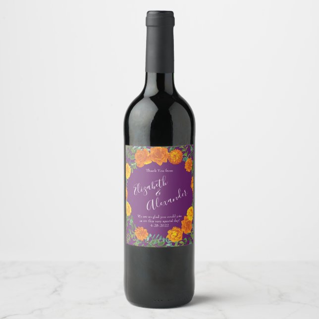 Orange & Purple Plum Peony & Rose Floral Wedding Wine Label (Front)