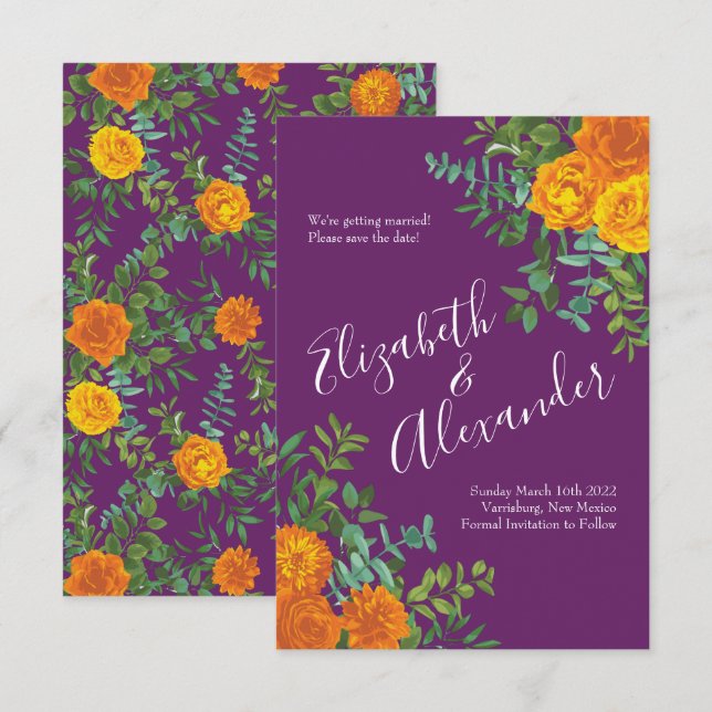 Orange Purple Plum Peony Rose Wedding Save Date Invitation (Front/Back)