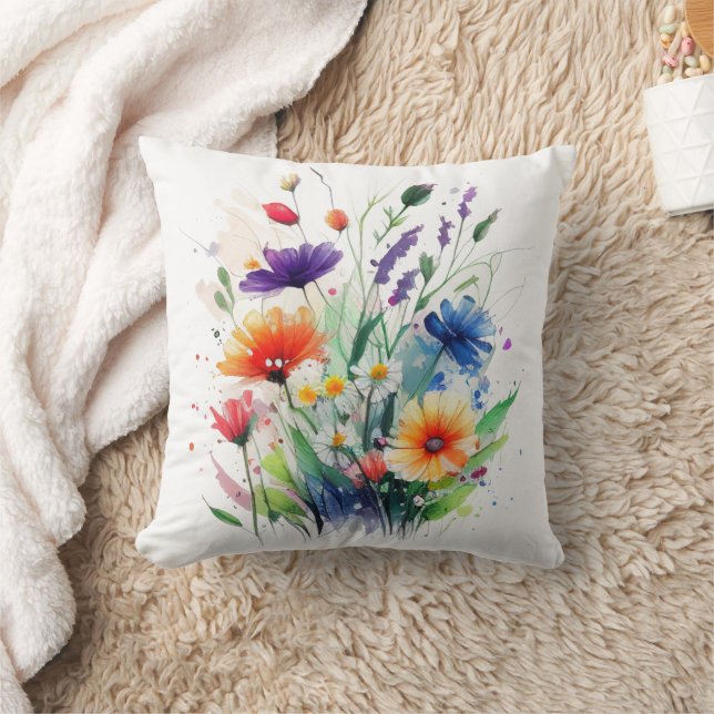 Orange Purple Red Blue Watercolor Flowers Throw Pillow (Blanket)