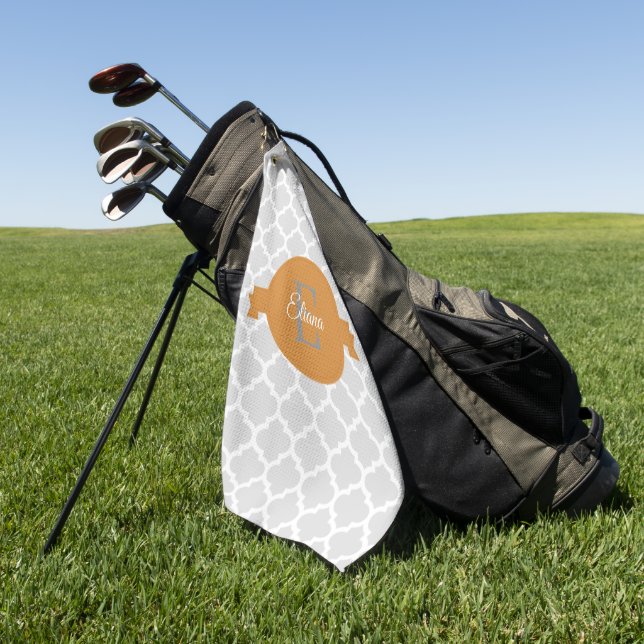 Orange Quatrefoil Personalized Golf Towel (Green)