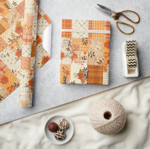 Orange Quilt Gingham Cottagecore Floral Wrapping Paper