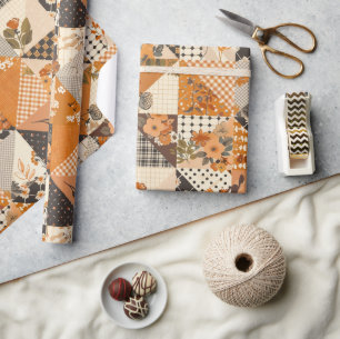 Orange Quilt Gingham Cottagecore Floral Wrapping Paper