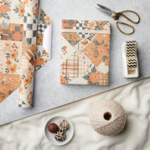 Orange Quilt Gingham Cottagecore Floral Wrapping Paper