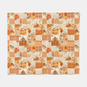 Orange Quilt Patchwork Gingham Cottagecore Floral Fleece Blanket