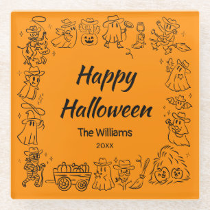 Orange Quirky Hand Drawn Scribbles Halloween Glass Coaster