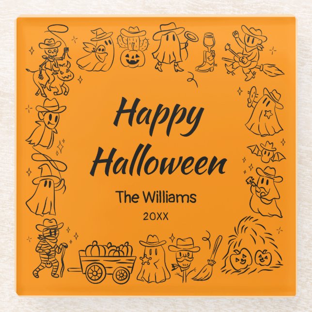 Orange Quirky Hand Drawn Scribbles Halloween Glass Coaster (Front)