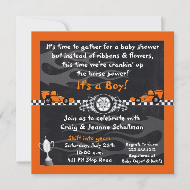 Orange Race Car Baby Shower Invitations (Front)