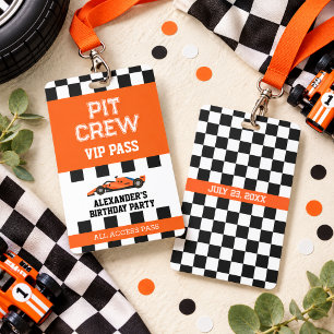 Orange Race Car Vip Pass Pit Crew Birthday Party Badge
