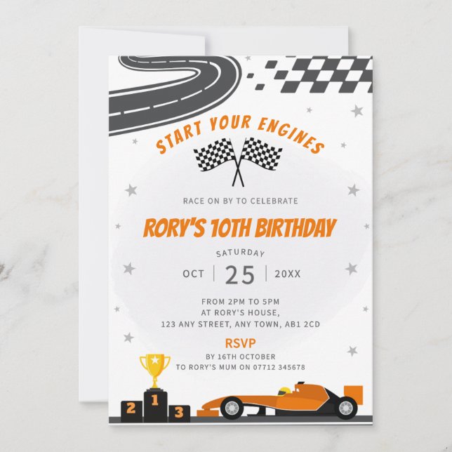 Orange Racing Car Anniversaire Fête Invitation (Devant)