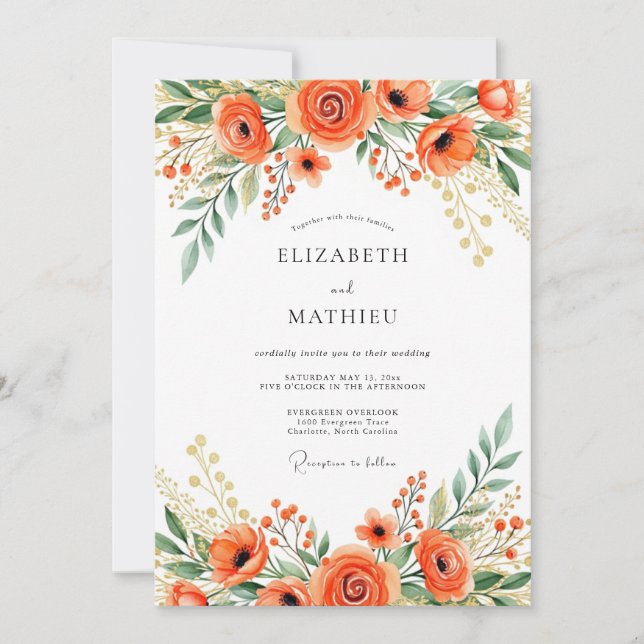 Orange Radiant Floral Wedding Invitation (Front)