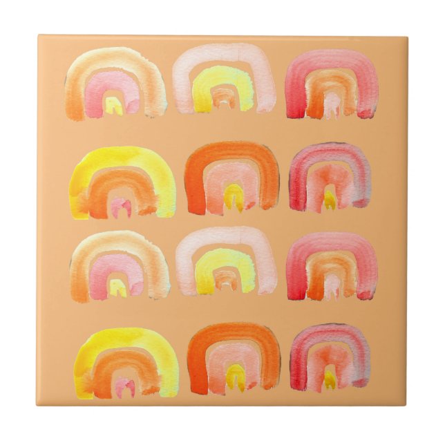 Orange rainbow cute retro art tile (Front)