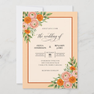 Orange Ranunculus Cream Eucalyptus Wedding Invitation