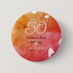 Orange red 50 birthday anniversary add name date p 2 inch round button