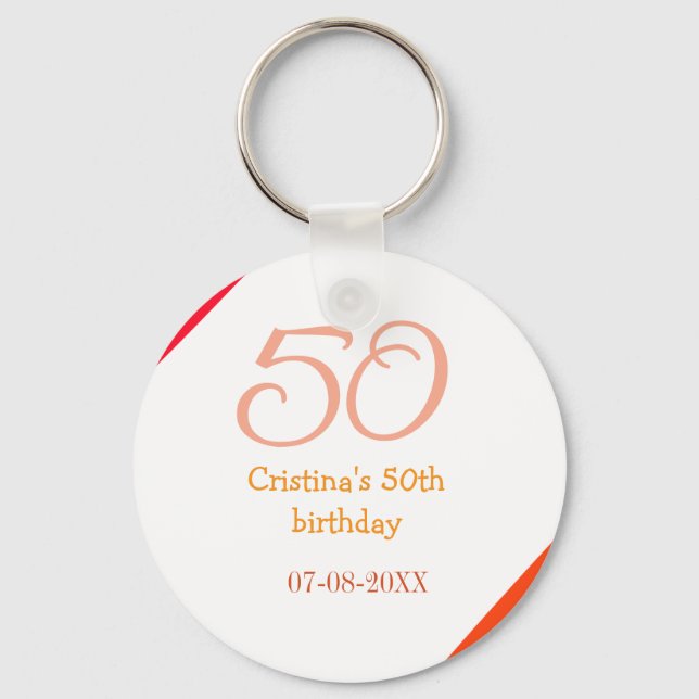 Orange red 50 birthday anniversary add name date p keychain (Front)