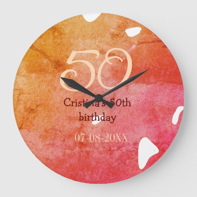 Orange red 50 birthday anniversary add name date p large clock (Front)