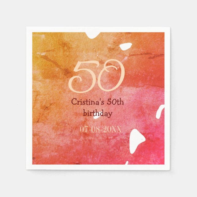 Orange red 50 birthday anniversary add name date p napkin (Front)