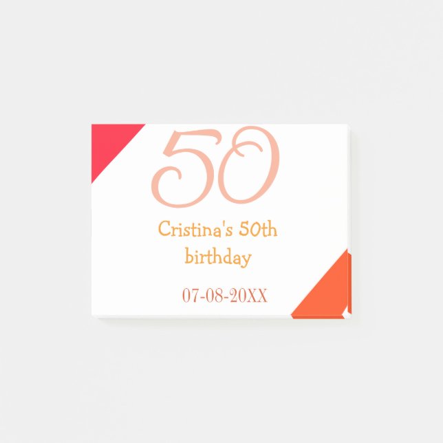 Orange red 50 birthday anniversary add name date p post-it notes (Front)