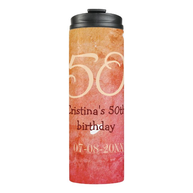 Orange red 50 birthday anniversary add name date p thermal tumbler (Front)