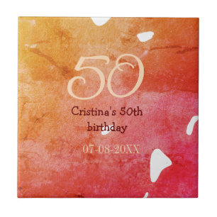 Orange red 50 birthday anniversary add name date p tile