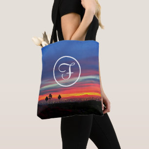 Orange red and blue sunrise photo custom monogram tote bag