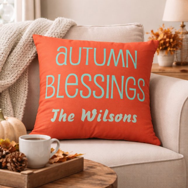 Orange Red and light blue Autumn Blessings Throw Pillow (Creator Uploaded)