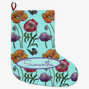 Orange Red Aquamarine Poppy Poppies Floral Flower  Large Christmas Stocking