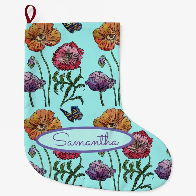 Orange Red Aquamarine Poppy Poppies Floral Flower  Large Christmas Stocking (Front)