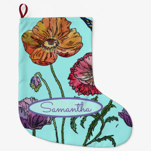 Orange Red Aquamarine Poppy Poppies Floral Flower Large Christmas Stocking