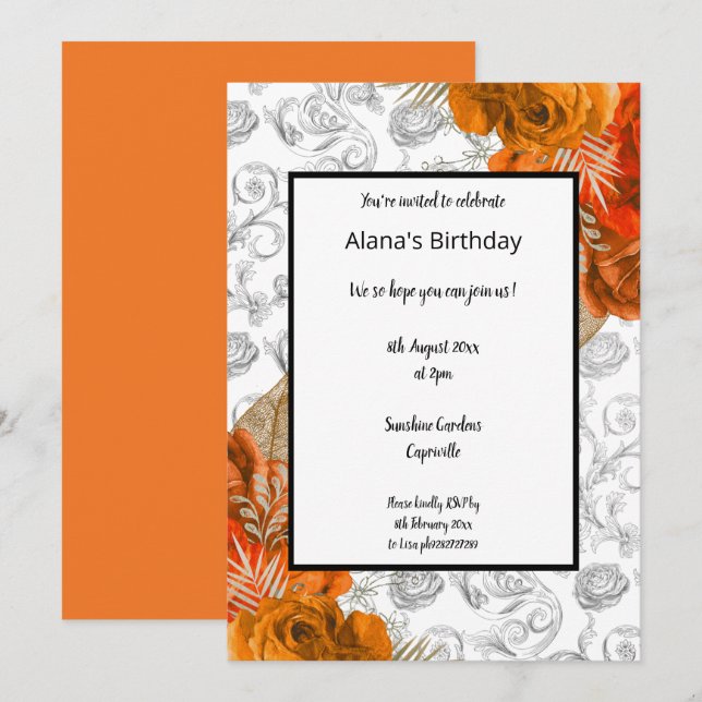 Orange Red Border Floral Elegant birthday Invitation (Front/Back)