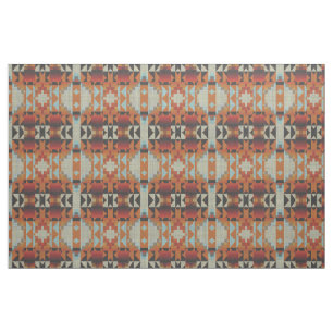 Orange Red Brown Blue Native Tribal Mosaic Pattern Fabric