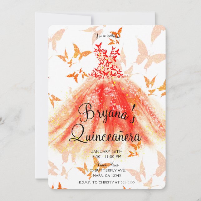 Orange Red Butterfly Dance Dress Quinceañera Party Invitation (Front)