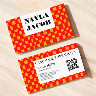 Orange Red Chequerboard Pattern QR Code Handmade Business Card