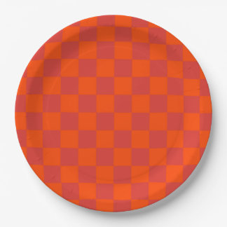 Orange Red Chequered Classic Retro Check Pattern Paper Plate