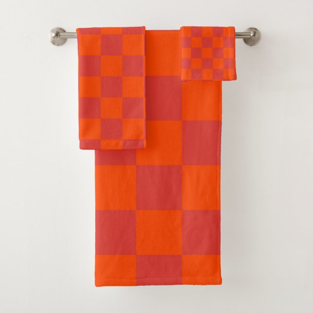 Orange Red Chequered Gingham Pattern Bath Towel Set (Insitu)
