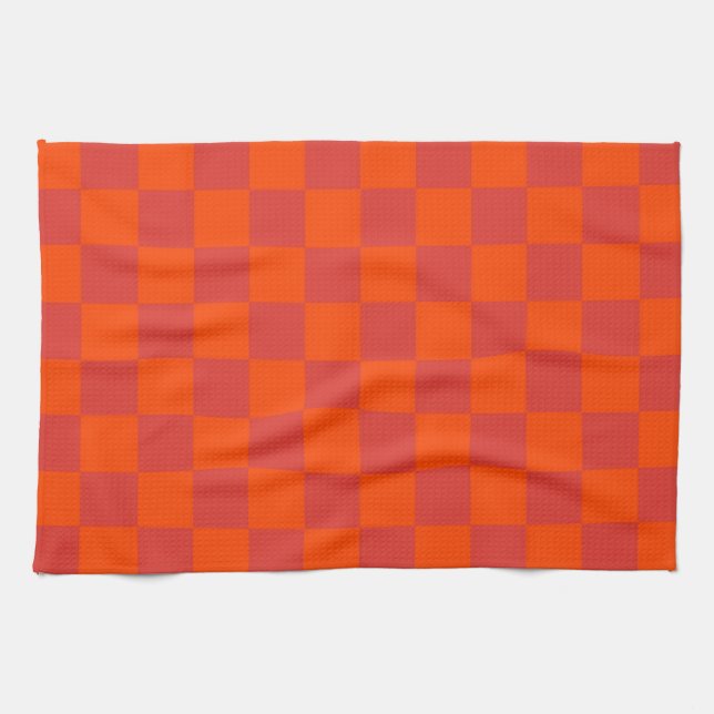 Orange Red Chequered Gingham Pattern Kitchen Towel (Horizontal)