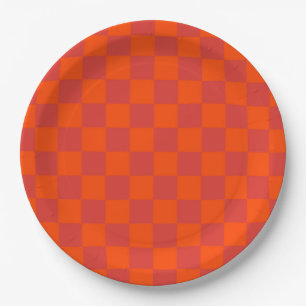 Orange Red Chequered Gingham Pattern Paper Plate