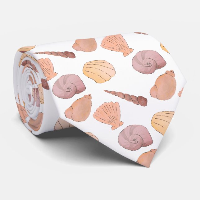 Orange Red Coastal Watercolor Sea Shells Neck Tie (Rolled)