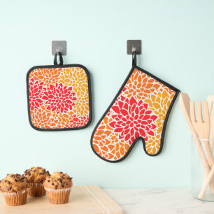 Orange Red Colourful Vintage 60s Flower Oven Mitt & Pot Holder Set