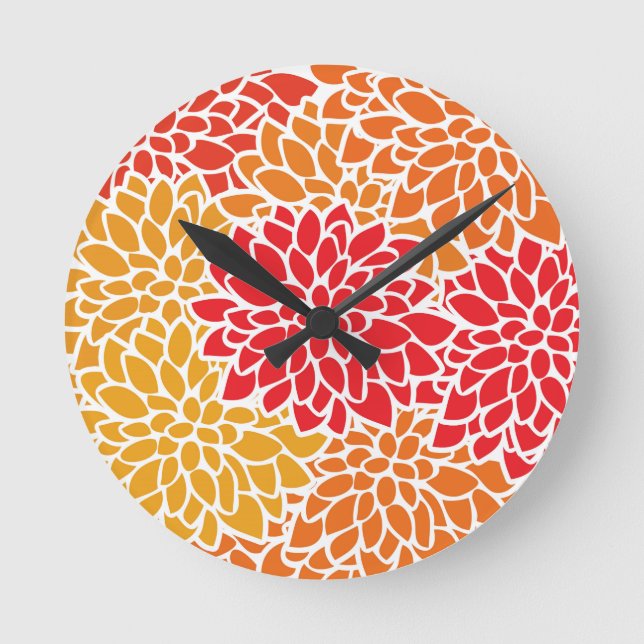Orange Red Colourful Vintage 60s Flower Round Clock (Front)
