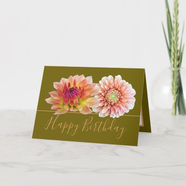 Orange Red Dahlias Pretty Floral Bouquet Birthday Card (Front)