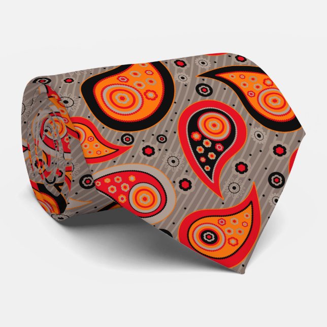 Orange red elegant vintage paisley pattern tie (Rolled)