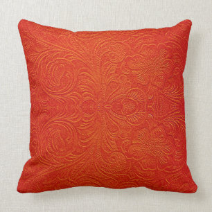Orange Red Faux Leather Pattern-Embossed Floral Throw Pillow