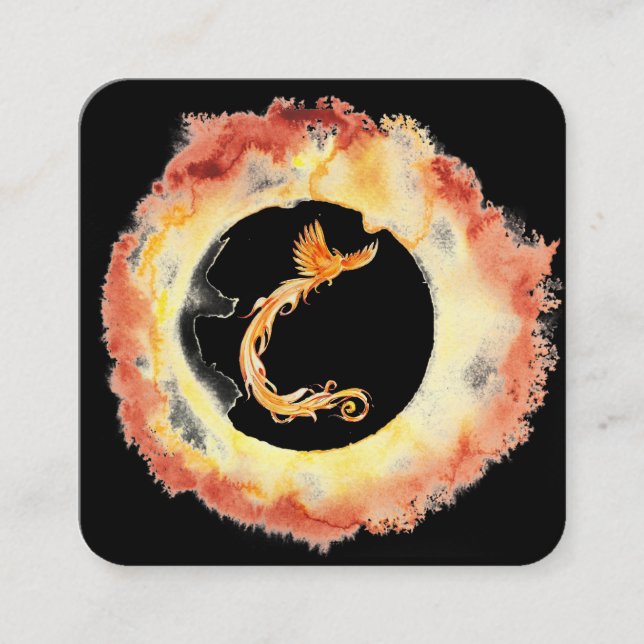 *~* Orange Red Flame Phoenix Ring of Fire Black Square Business Card (Front)