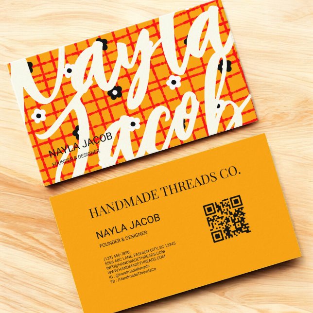 Orange Red Floral Check Pattern QR Code Handmade Business Card (Creator Uploaded)
