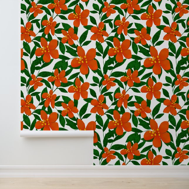 Orange Red Floral Green Botanicals Pattern Wallpaper (Application)