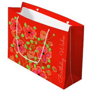 Orange Red Floral Happy Birthday Gift Bag