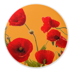 Orange Red Floral Poppy Flowers Colorful Abstract Ceramic Knob