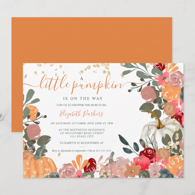 Orange red floral pumpkin fall baby shower invitation (Front/Back)